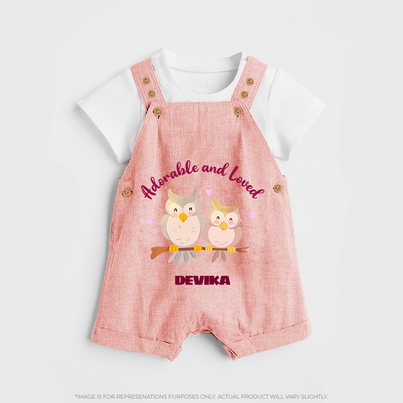 Adorable And Loved - Valentine's Day Themed Customized Dungaree Set For Kids With Name - PEACH - 0 - 5 Months Old (Chest 18")