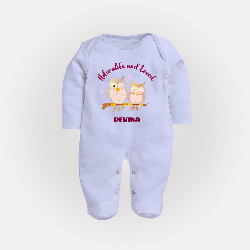 Adorable And Loved - Valentine's Day Themed Customized Sleep Suit For Babies With Name - BABY BLUE - New Born (Chest 7.5")