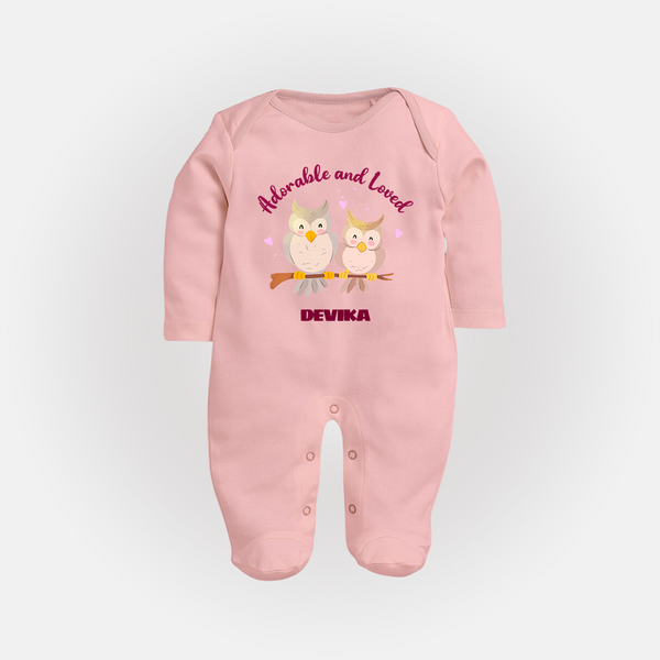 Adorable And Loved - Valentine's Day Themed Customized Sleep Suit For Babies With Name - BABY PINK - New Born (Chest 7.5")