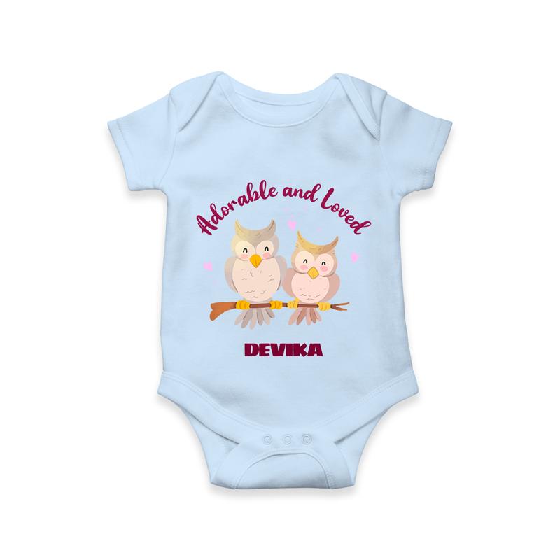 Adorable And Loved - Valentine's Day Themed Customized Romper For Babies With Name - BABY BLUE - 0 - 3 Months Old (Chest 16")