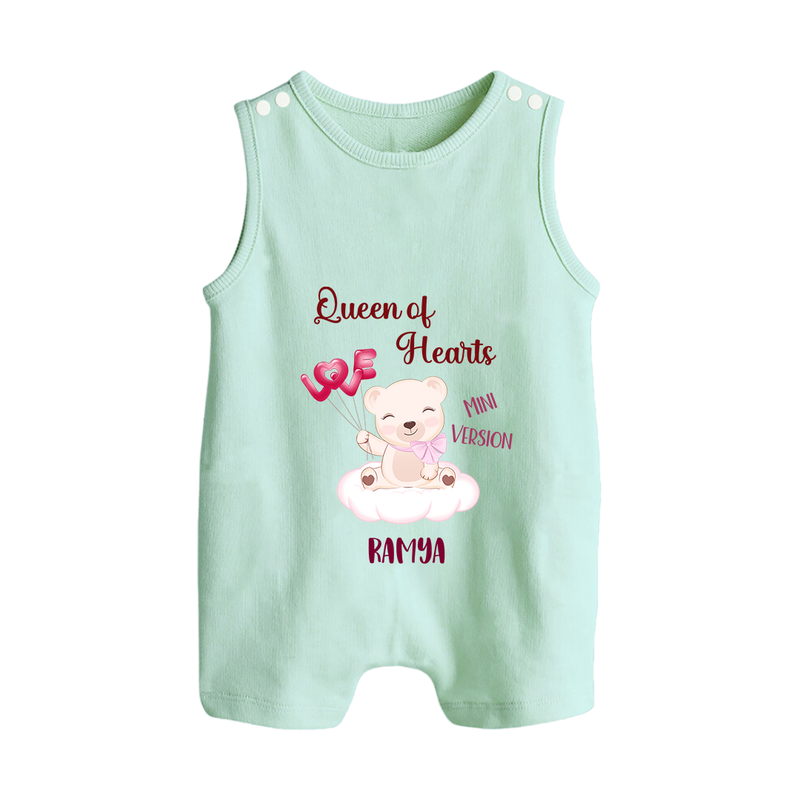 Queen Hearts Mini Version - Valentine's Day Themed Customized Romper Suit For Babies With Name - MINT GREEN - 0 - 5 Months Old (Chest 18")