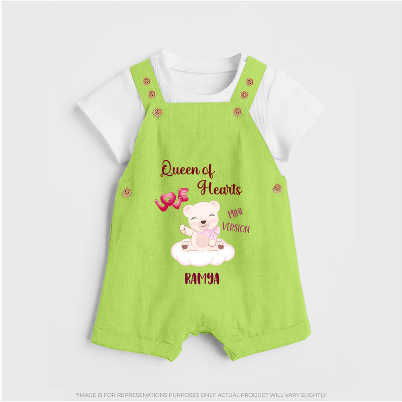 Queen Hearts Mini Version - Valentine's Day Themed Customized Dungaree Set For Kids With Name - GREEN - 0 - 5 Months Old (Chest 18")