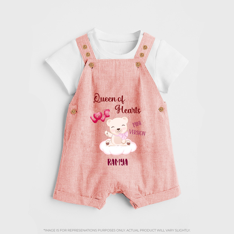 Queen Hearts Mini Version - Valentine's Day Themed Customized Dungaree Set For Kids With Name - PEACH - 0 - 5 Months Old (Chest 18")