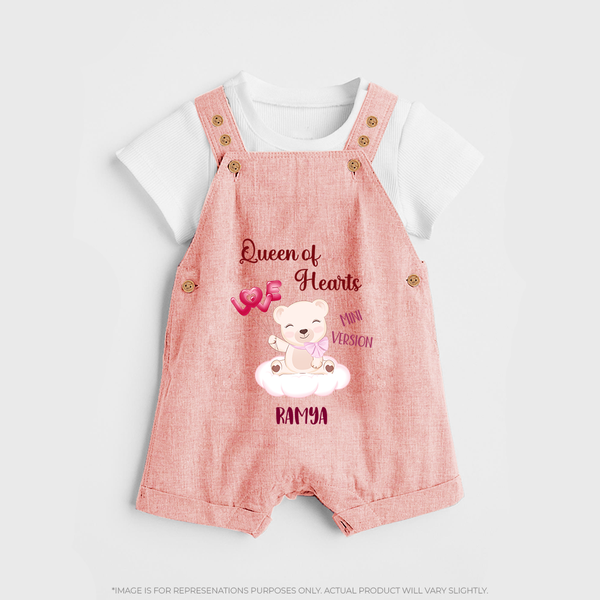 Queen Hearts Mini Version - Valentine's Day Themed Customized Dungaree Set For Kids With Name - PEACH - 0 - 5 Months Old (Chest 18")