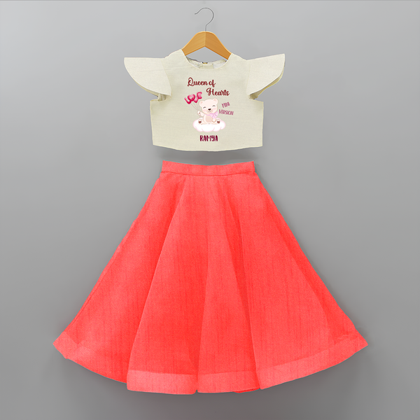 Queen Hearts Mini Version - Valentine's Day Themed Customized Crop Top And Skirt For Kids With Name - RED - 6 - 9 Months Old (Chest 20" , Frock Waist 20")