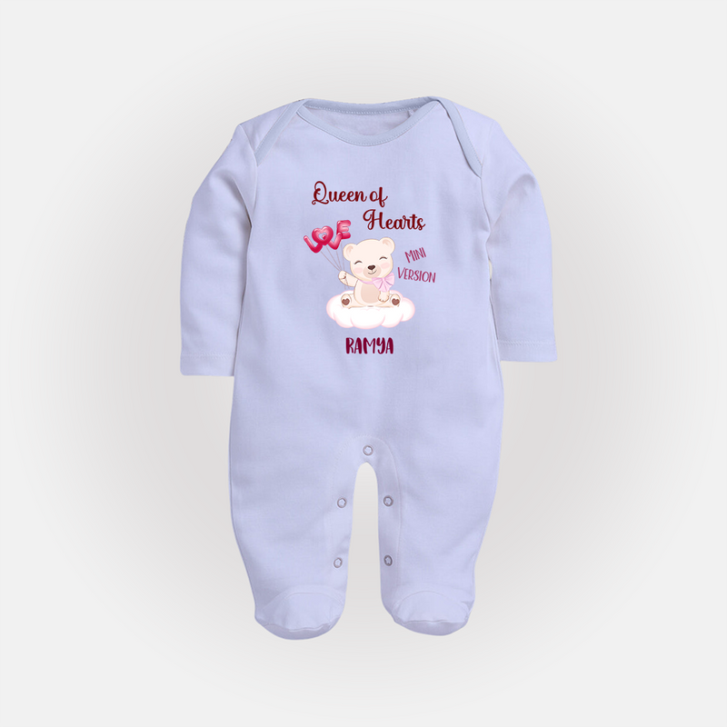 Queen Hearts Mini Version - Valentine's Day Themed Customized Sleep Suit For Babies With Name - BABY BLUE - New Born (Chest 7.5")