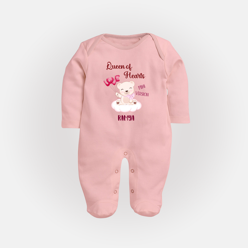 Queen Hearts Mini Version - Valentine's Day Themed Customized Sleep Suit For Babies With Name - BABY PINK - New Born (Chest 7.5")