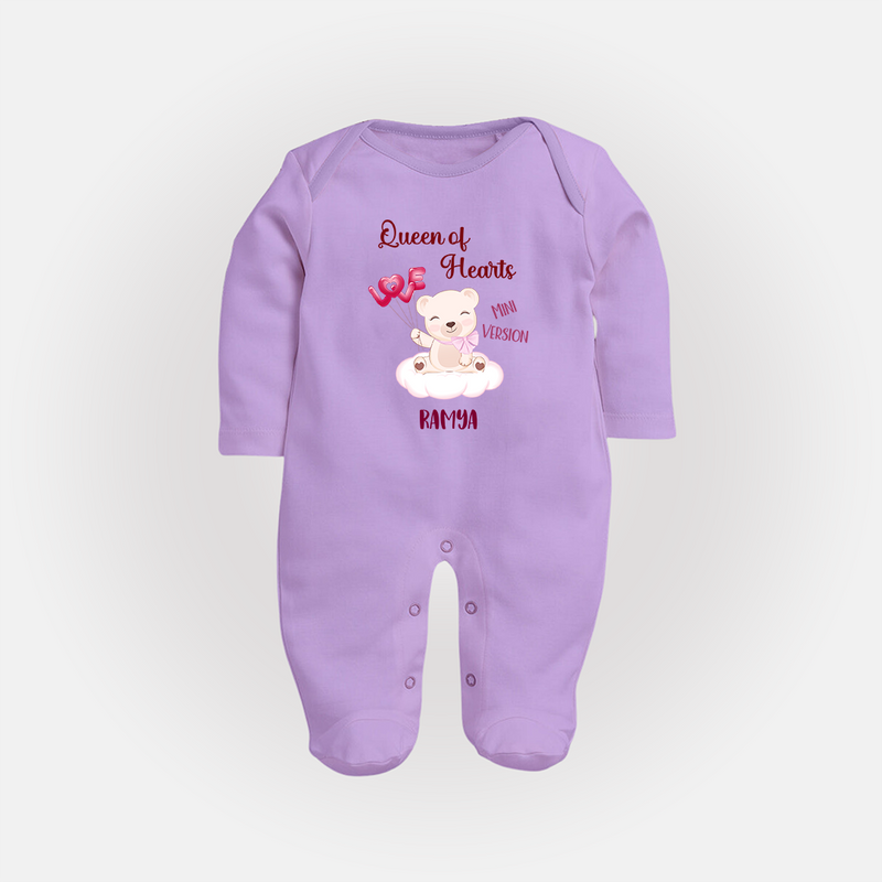 Queen Hearts Mini Version - Valentine's Day Themed Customized Sleep Suit For Babies With Name - LILAC - New Born (Chest 7.5")