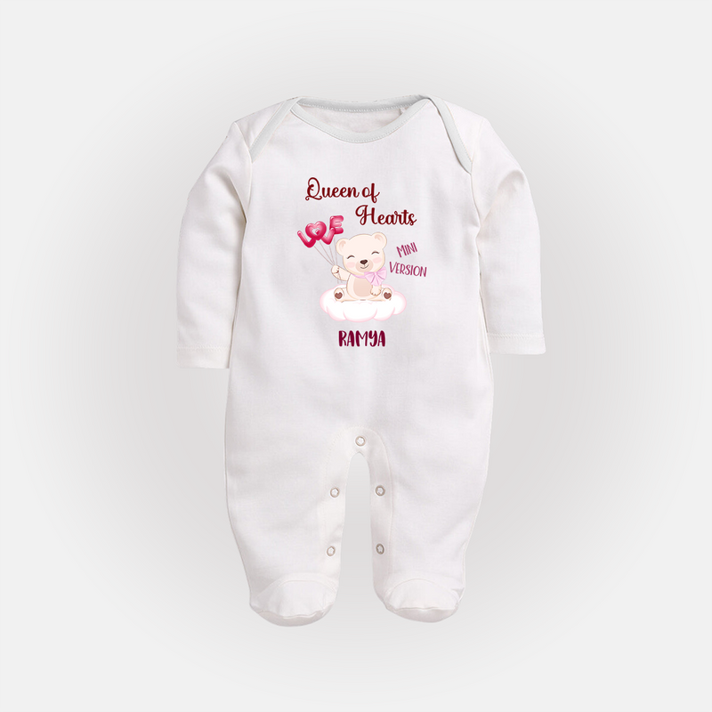 Queen Hearts Mini Version - Valentine's Day Themed Customized Sleep Suit For Babies With Name - WHITE - New Born (Chest 7.5")