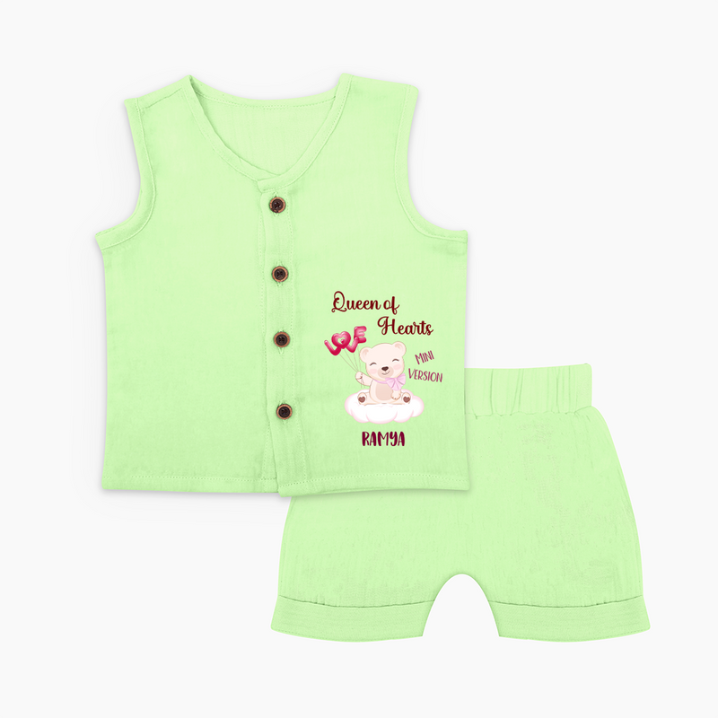 Queen Hearts Mini Version - Valentine's Day Themed Customized Jabla Set For Babies With Name - PASTEL GREEN - 0 - 3 Months Old (Chest 9.8")