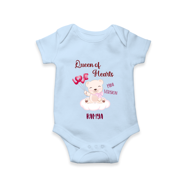 Queen Hearts Mini Version - Valentine's Day Themed Customized Romper For Babies With Name - BABY BLUE - 0 - 3 Months Old (Chest 16")