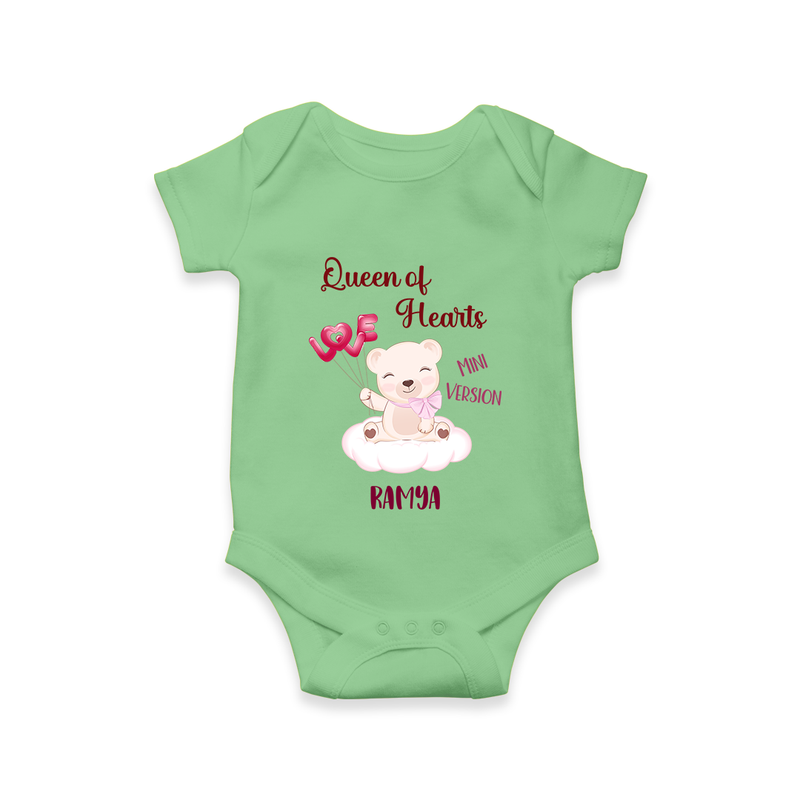 Queen Hearts Mini Version - Valentine's Day Themed Customized Romper For Babies With Name - GREEN - 0 - 3 Months Old (Chest 16")