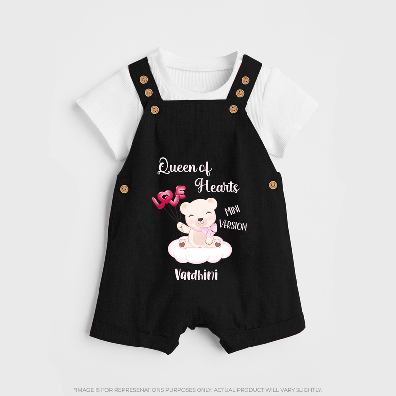 Queen Hearts Mini Version - Valentine's Day Themed Customized Dungaree Set For Kids With Name - BLACK - 0 - 5 Months Old (Chest 18")