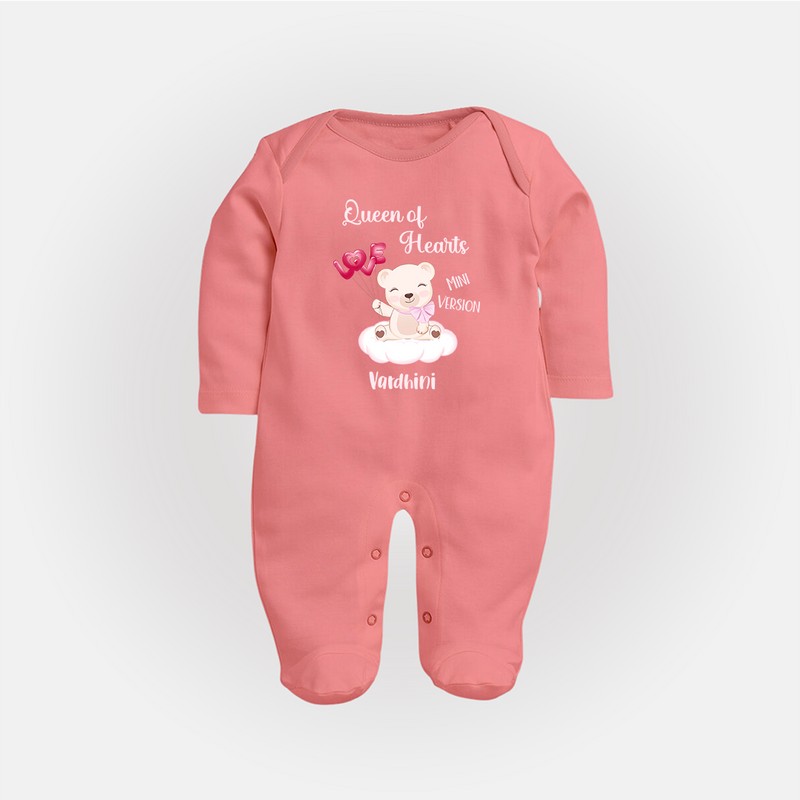 Queen Hearts Mini Version - Valentine's Day Themed Customized Sleep Suit For Babies With Name - PEACH - New Born (Chest 7.5")