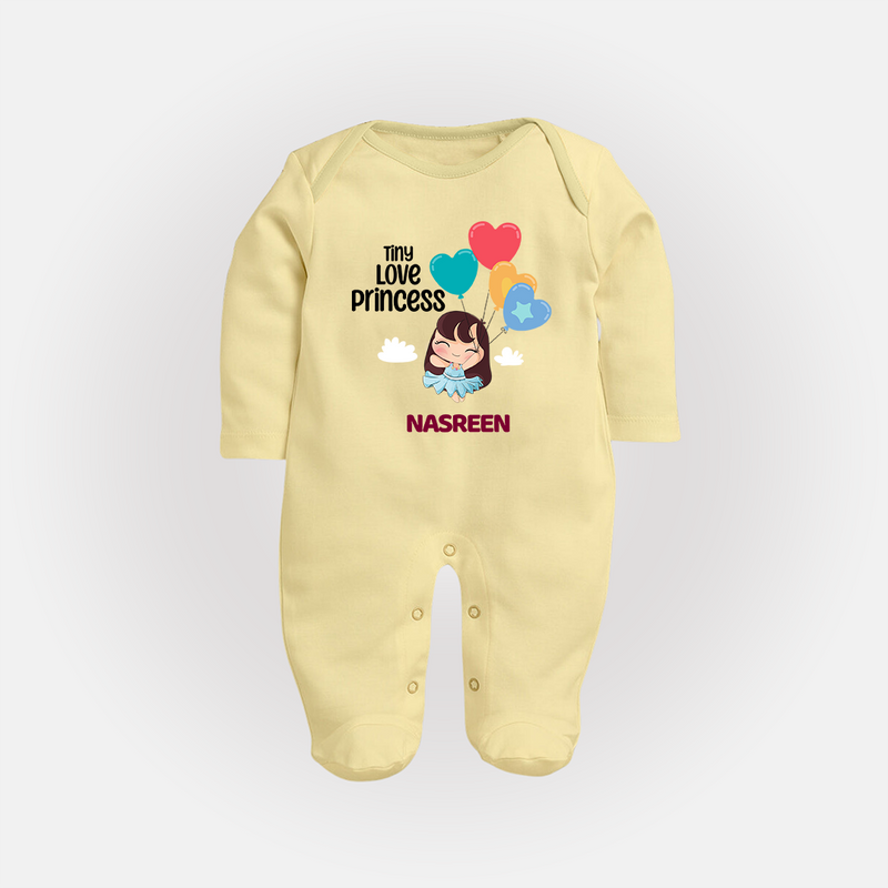 Tiny Love Princess - Valentine's Day Themed Customized Sleep Suit For Babies With Name - PASTEL YELLOW - New Born (Chest 7.5")