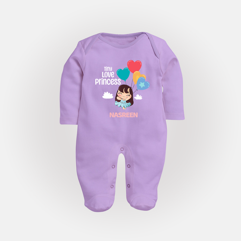 Tiny Love Princess - Valentine's Day Themed Customized Sleep Suit For Babies With Name - LILAC - New Born (Chest 7.5")