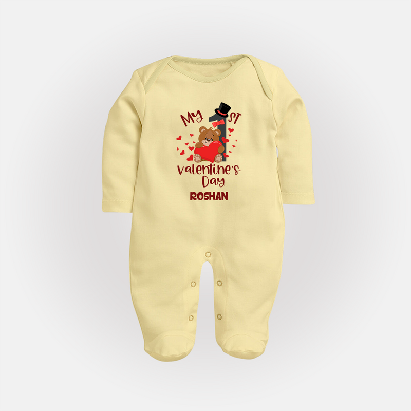 My First Valentine's Day - A Memory to Cherish Forever Customized Sleep Suit For Babies With Name - PASTEL YELLOW - New Born (Chest 7.5")