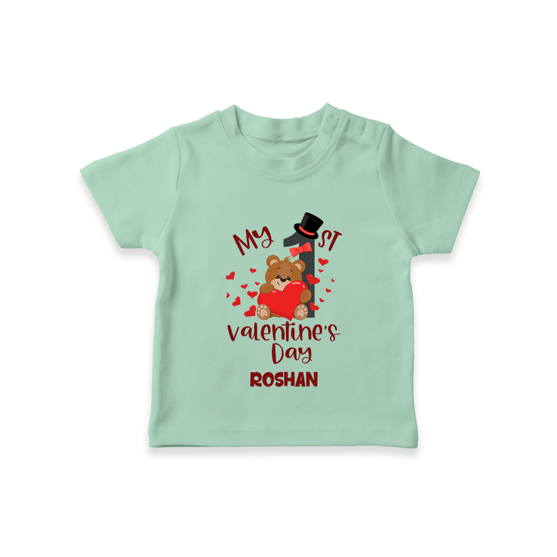 My First Valentine's Day - A Memory to Cherish Forever Customized T-Shirt For Kids With Name - MINT GREEN - 0-5 Months Old (Chest 17")