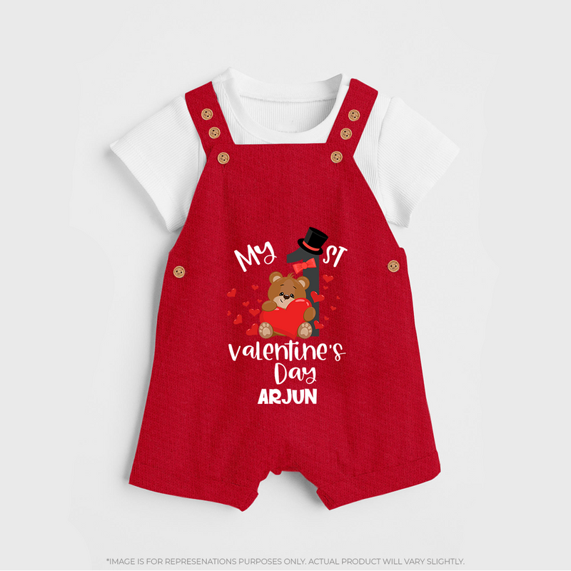 My First Valentine's Day - A Memory to Cherish Forever Customized Dungaree Set For Kids With Name - RED - 0 - 5 Months Old (Chest 18")