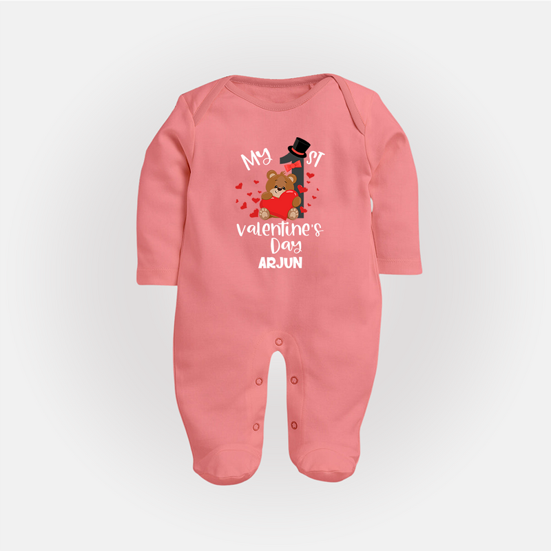 My First Valentine's Day - A Memory to Cherish Forever Customized Sleep Suit For Babies With Name - PEACH - New Born (Chest 7.5")