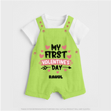 My First Valentine's Day - Love's Sweet Beginning Customized Dungaree Set For Kids With Name - GREEN - 0 - 5 Months Old (Chest 18")