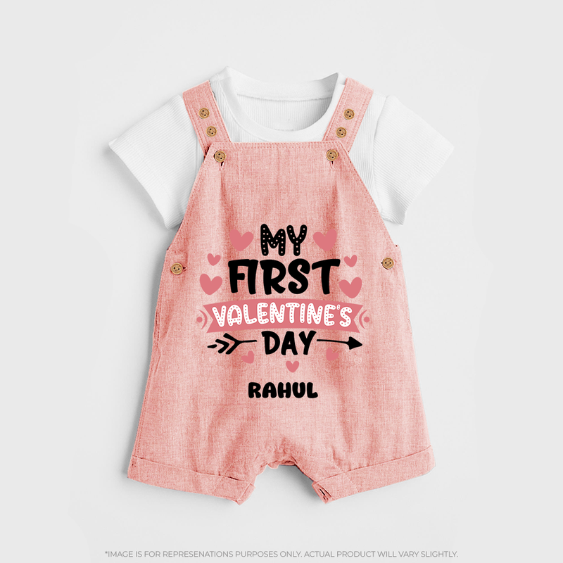 My First Valentine's Day - Love's Sweet Beginning Customized Dungaree Set For Kids With Name - PEACH - 0 - 5 Months Old (Chest 18")