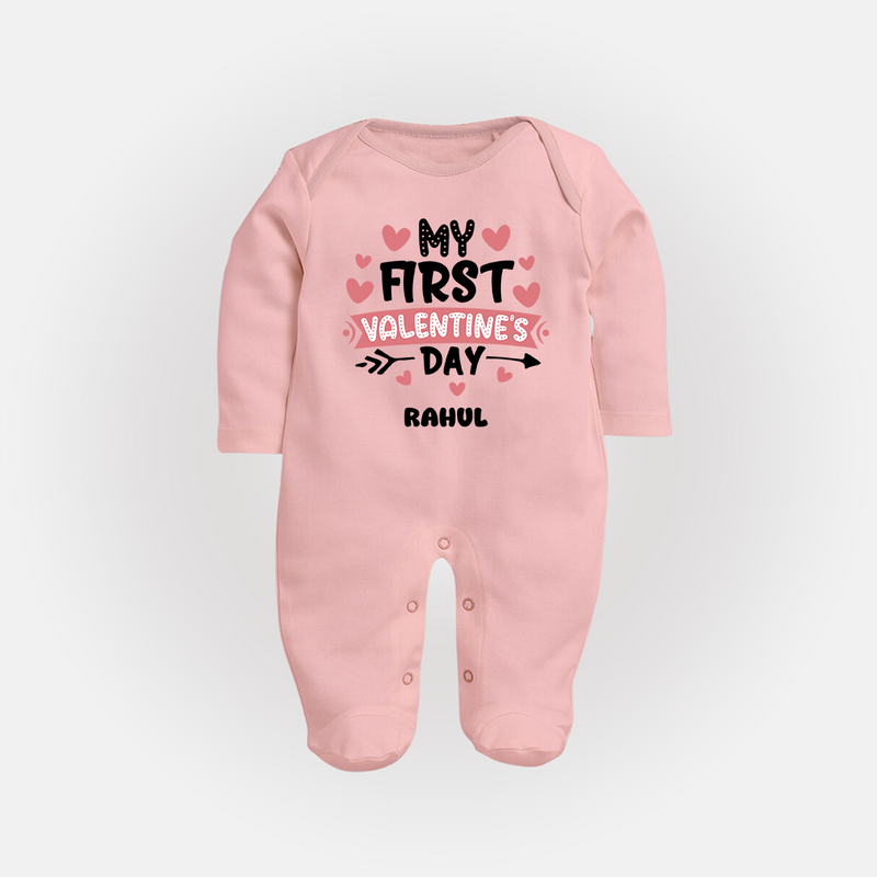 My First Valentine's Day - Love's Sweet Beginning Customized Sleep Suit For Babies With Name - BABY PINK - New Born (Chest 7.5")