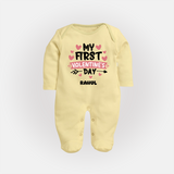 My First Valentine's Day - Love's Sweet Beginning Customized Sleep Suit For Babies With Name - PASTEL YELLOW - New Born (Chest 7.5")