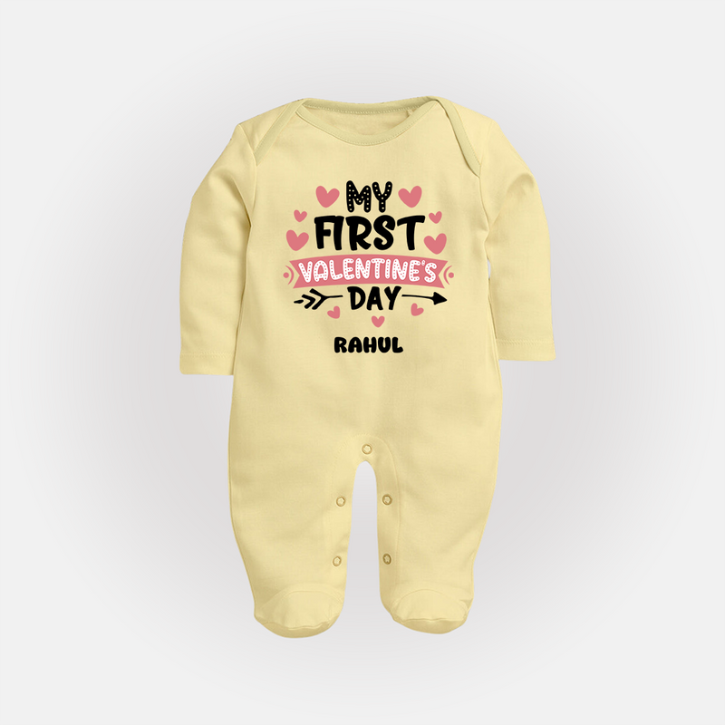 My First Valentine's Day - Love's Sweet Beginning Customized Sleep Suit For Babies With Name - PASTEL YELLOW - New Born (Chest 7.5")