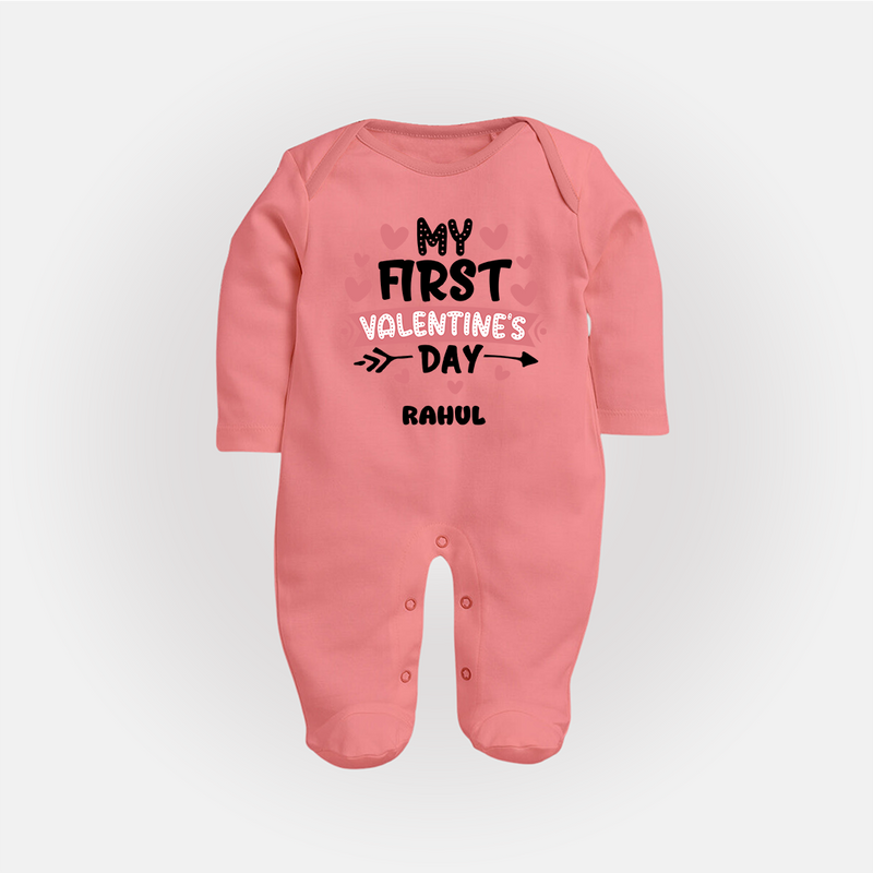 My First Valentine's Day - Love's Sweet Beginning Customized Sleep Suit For Babies With Name - PEACH - New Born (Chest 7.5")