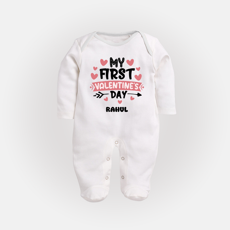 My First Valentine's Day - Love's Sweet Beginning Customized Sleep Suit For Babies With Name - WHITE - New Born (Chest 7.5")