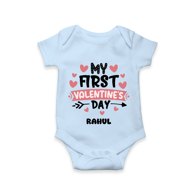 My First Valentine's Day - Love's Sweet Beginning Customized Romper For Babies With Name - BABY BLUE - 0 - 3 Months Old (Chest 16")