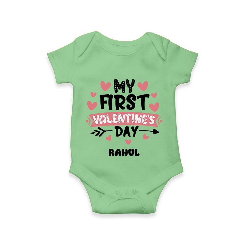 My First Valentine's Day - Love's Sweet Beginning Customized Romper For Babies With Name - GREEN - 0 - 3 Months Old (Chest 16")