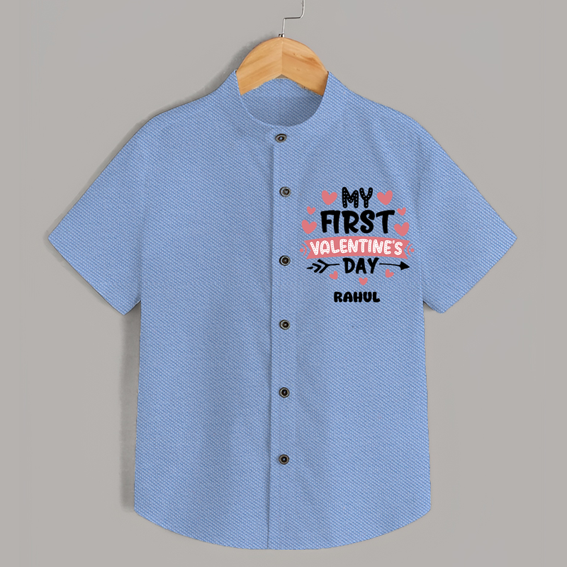 My First Valentine's Day - Love's Sweet Beginning Customized Shirt For Kids With Name - SKY BLUE - 0 - 6 Months Old (Chest 23")