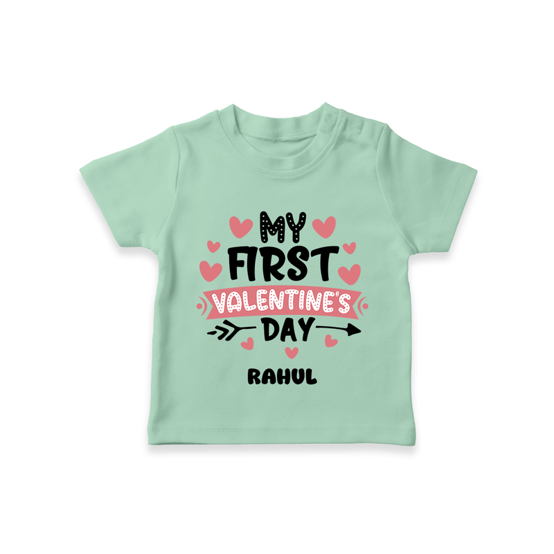 My First Valentine's Day - Love's Sweet Beginning Customized T-Shirt For Kids With Name - MINT GREEN - 0-5 Months Old (Chest 17")