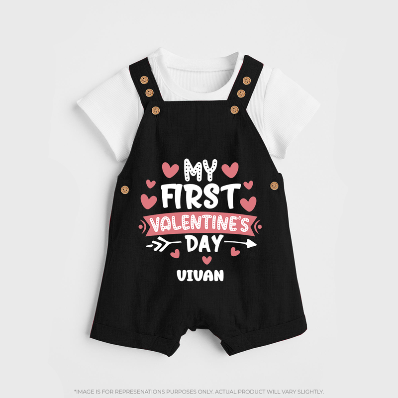 My First Valentine's Day - Love's Sweet Beginning Customized Dungaree Set For Kids With Name - BLACK - 0 - 5 Months Old (Chest 18")