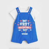 My First Valentine's Day - Love's Sweet Beginning Customized Dungaree Set For Kids With Name - COBALT BLUE - 0 - 5 Months Old (Chest 18")