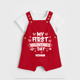 My First Valentine's Day - Love's Sweet Beginning Customized Dungaree Set For Kids With Name - RED - 0 - 5 Months Old (Chest 18")