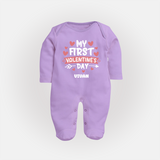 My First Valentine's Day - Love's Sweet Beginning Customized Sleep Suit For Babies With Name - LILAC - New Born (Chest 7.5")