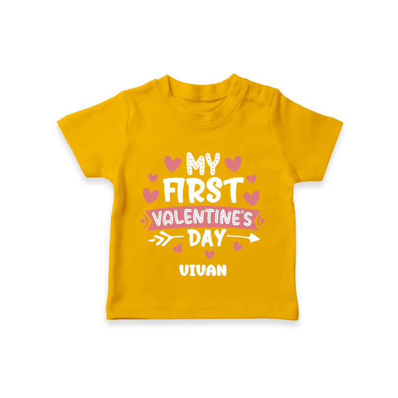 My First Valentine's Day - Love's Sweet Beginning Customized T-Shirt For Kids With Name - CHROME YELLOW - 0-5 Months Old (Chest 17")