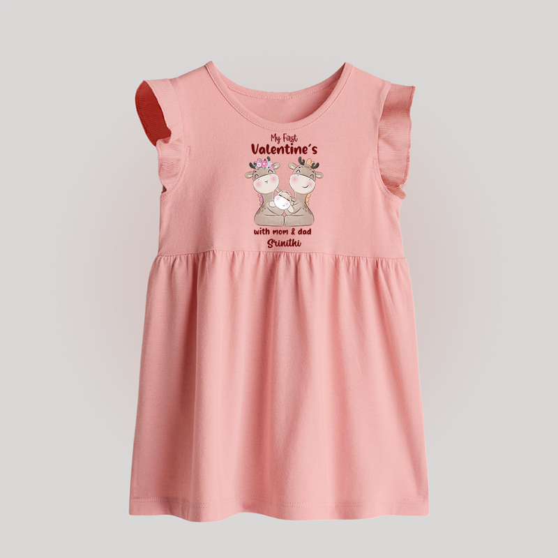 My First Valentine's Day With Mom And Dad - Where Love Blooms Customized Baby Frock For Babies With Name - BABY PINK - 0 - 3 Months Old (Chest 17")