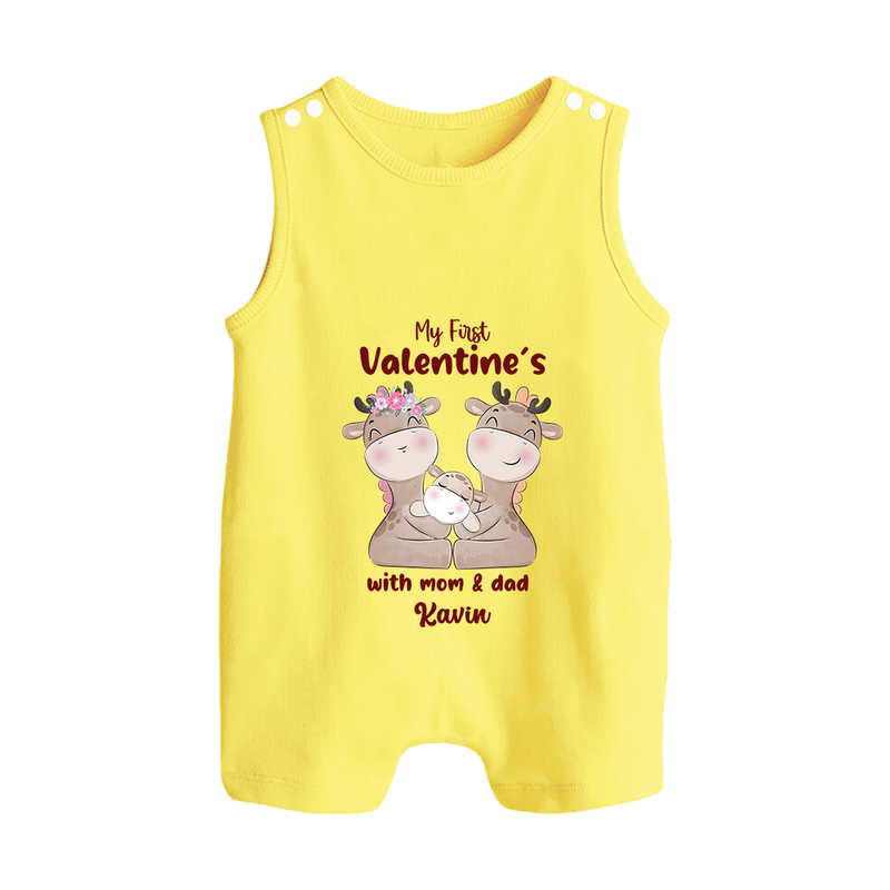 My First Valentine's Day With Mom And Dad - Where Love Blooms Customized Romper Suit For Babies With Name - PASTEL YELLOW - 0 - 5 Months Old (Chest 18")