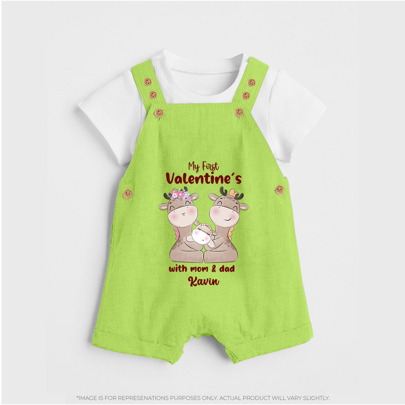 My First Valentine's Day With Mom And Dad - Where Love Blooms Customized Dungaree Set For Kids With Name - GREEN - 0 - 5 Months Old (Chest 18")