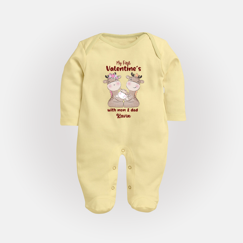 My First Valentine's Day With Mom And Dad - Where Love Blooms Customized Sleep Suit For Babies With Name - PASTEL YELLOW - New Born (Chest 7.5")