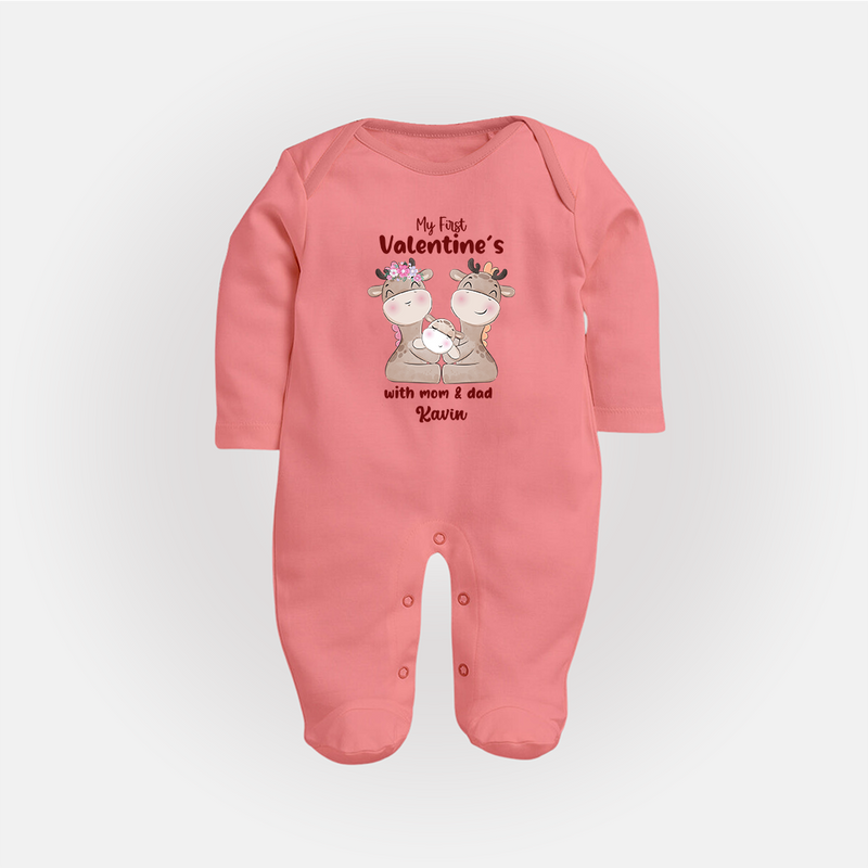 My First Valentine's Day With Mom And Dad - Where Love Blooms Customized Sleep Suit For Babies With Name - PEACH - New Born (Chest 7.5")