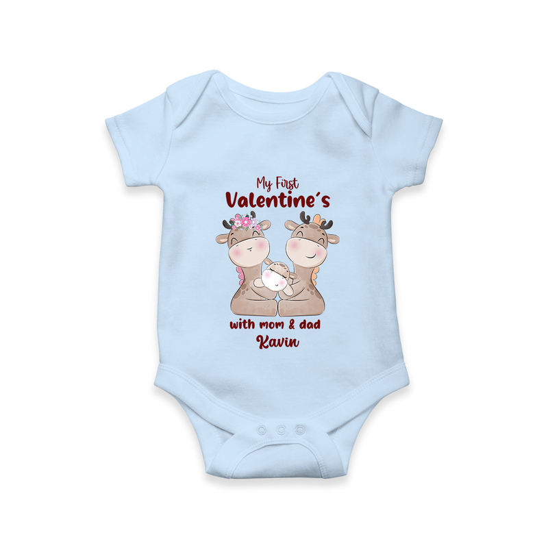 My First Valentine's Day With Mom And Dad - Where Love Blooms Customized Romper For Babies With Name - BABY BLUE - 0 - 3 Months Old (Chest 16")