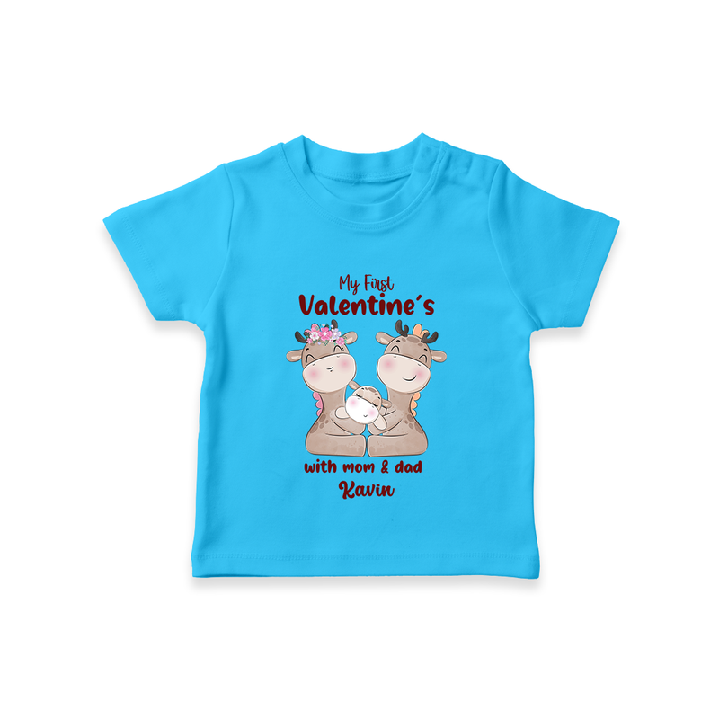 My First Valentine's Day With Mom And Dad - Where Love Blooms Customized T-Shirt For Kids With Name - SKY BLUE - 0-5 Months Old (Chest 17")