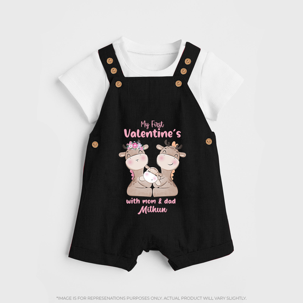 My First Valentine's Day With Mom And Dad - Where Love Blooms Customized Dungaree Set For Kids With Name - BLACK - 0 - 5 Months Old (Chest 18")