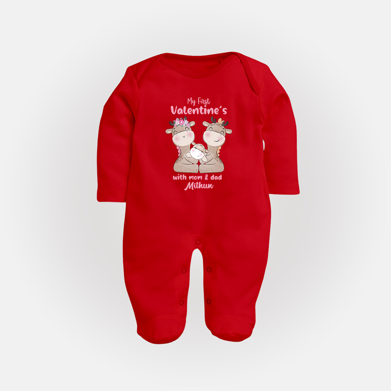 My First Valentine's Day With Mom And Dad - Where Love Blooms Customized Sleep Suit For Babies With Name - RED - New Born (Chest 7.5")