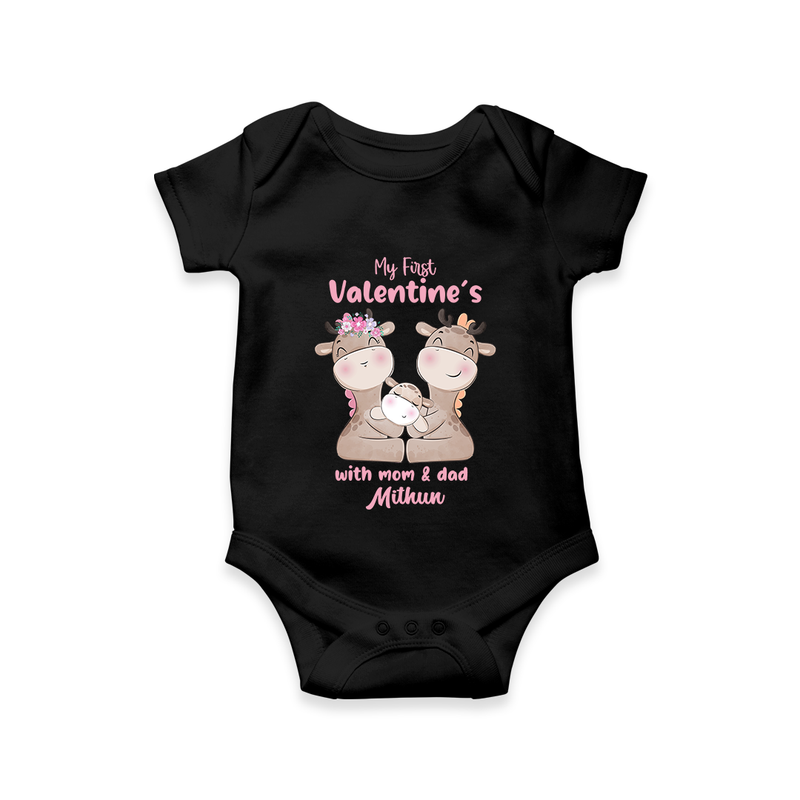 My First Valentine's Day With Mom And Dad - Where Love Blooms Customized Romper For Babies With Name - BLACK - 0 - 3 Months Old (Chest 16")